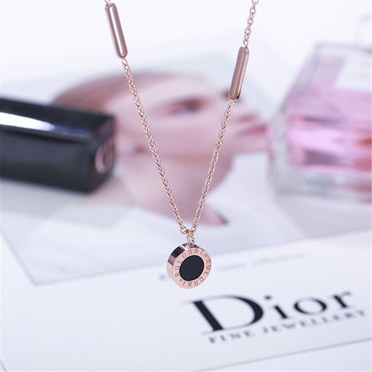 Black and 18K Rose Gold-Plated Roman Numeral Plate Pendant Necklace, rose gold pendant necklace for women, side view