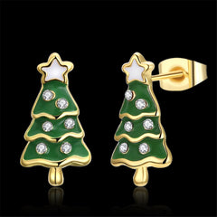 Cubic Zirconia & Enamel 18K Gold-Plated Christmas Tree Stud Earrings
