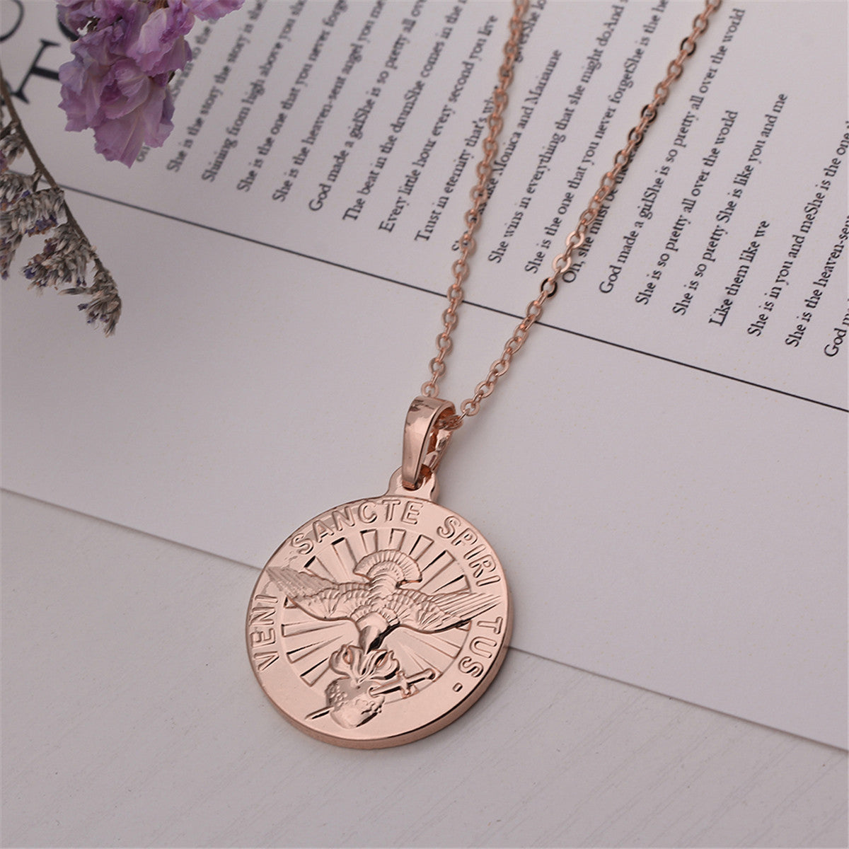 18K Rose Gold-Plated German Coin Pendant Necklace, rose gold pendant necklace for women, vintage-inspired design, side view
