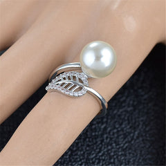 Pearl & Cubic Zirconia Silver-Plated Leaf Bypass Ring