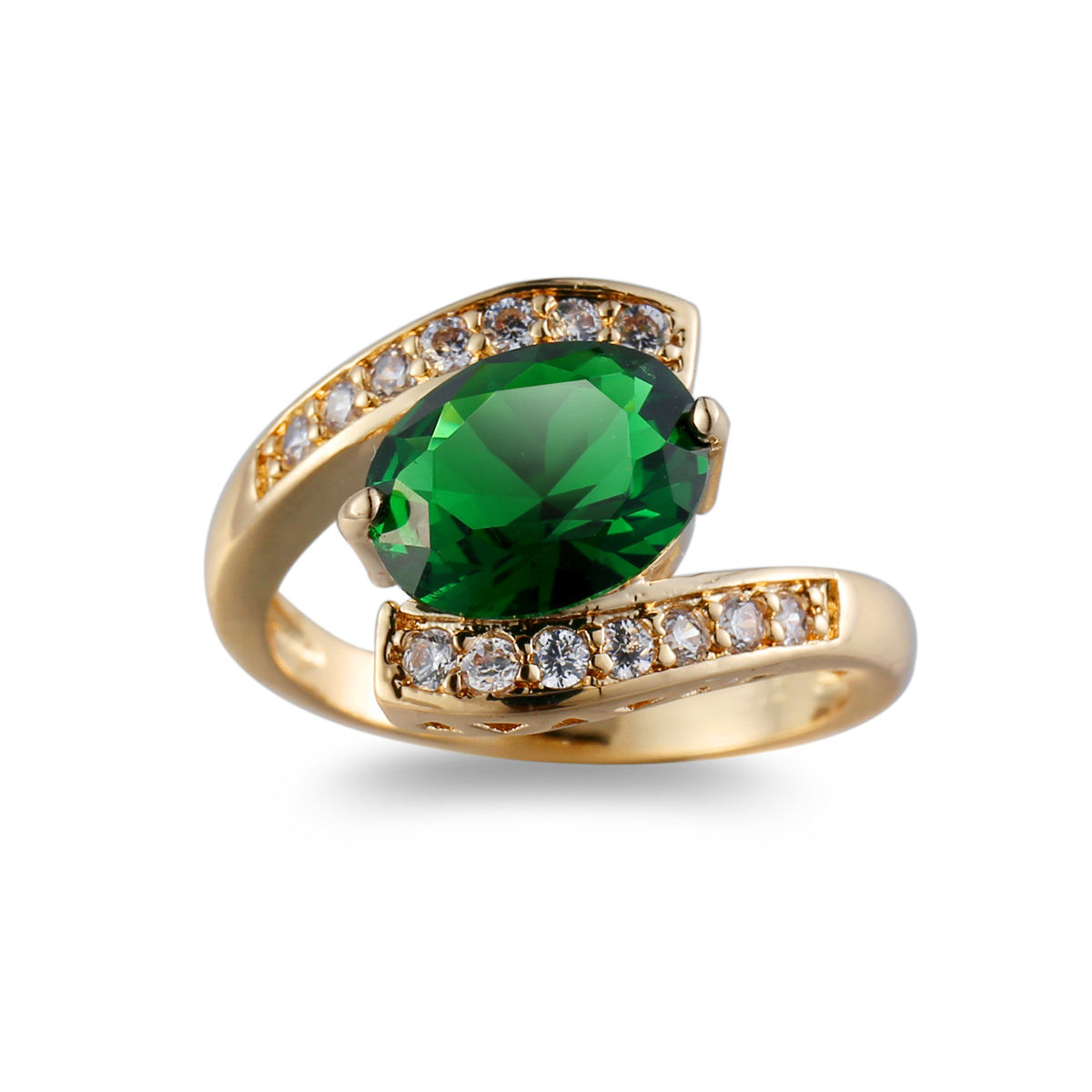 Green Crystal and Cubic Zirconia 18K Gold-Plated Ring, gold statement rings for women, dainty minimalist design, front view