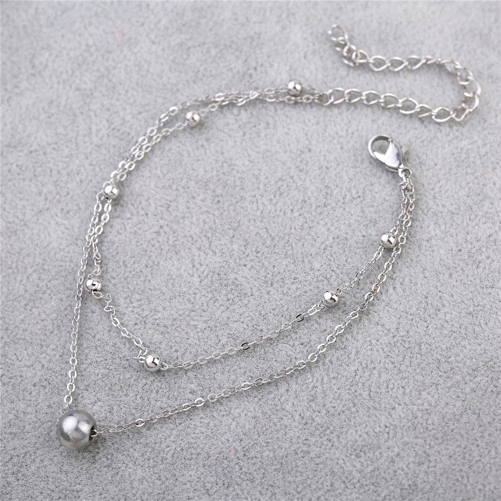 Silver-Plated Beaded Layered Station Charm Anklet