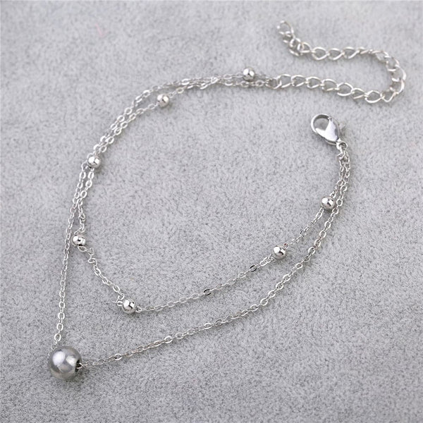 Fine Silver-Plated Beaded Layered Station Charm Anklet