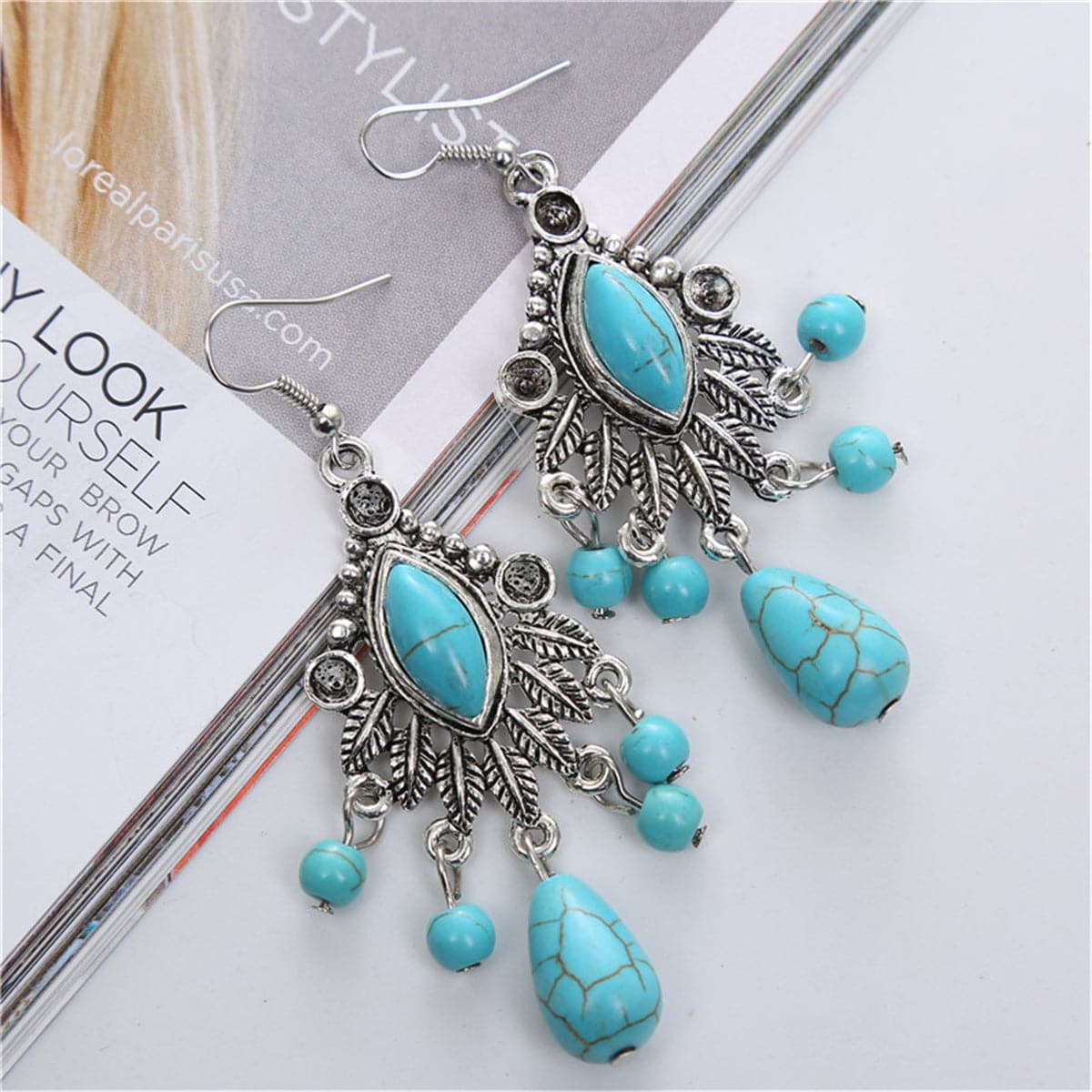 Turquoise & Silver-Plated Marquise Drop Earrings