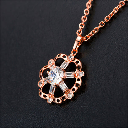 Crystal and 18K Rose Gold-Plated Hollow Floral Pendant Necklace, rose gold pendant necklace for women, side view