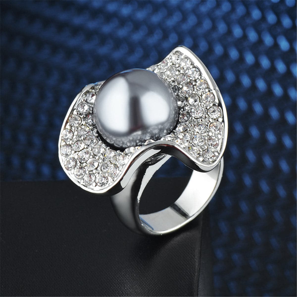 Gray Pearl & Cubic Zirconia Silver-Plated Lotus Ring