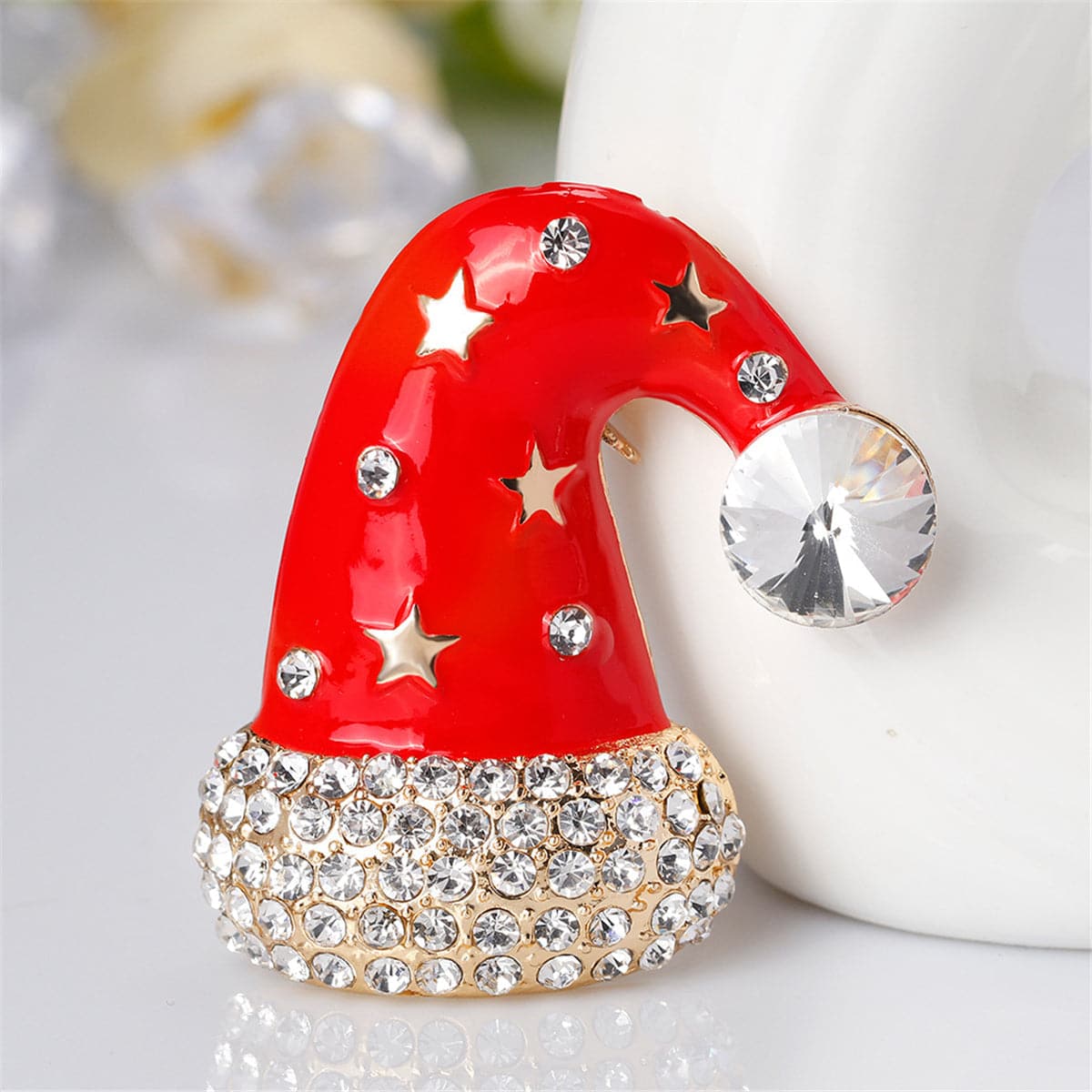 Cubic Zirconia & 18K Gold-Plated Star Santa Hat Brooch