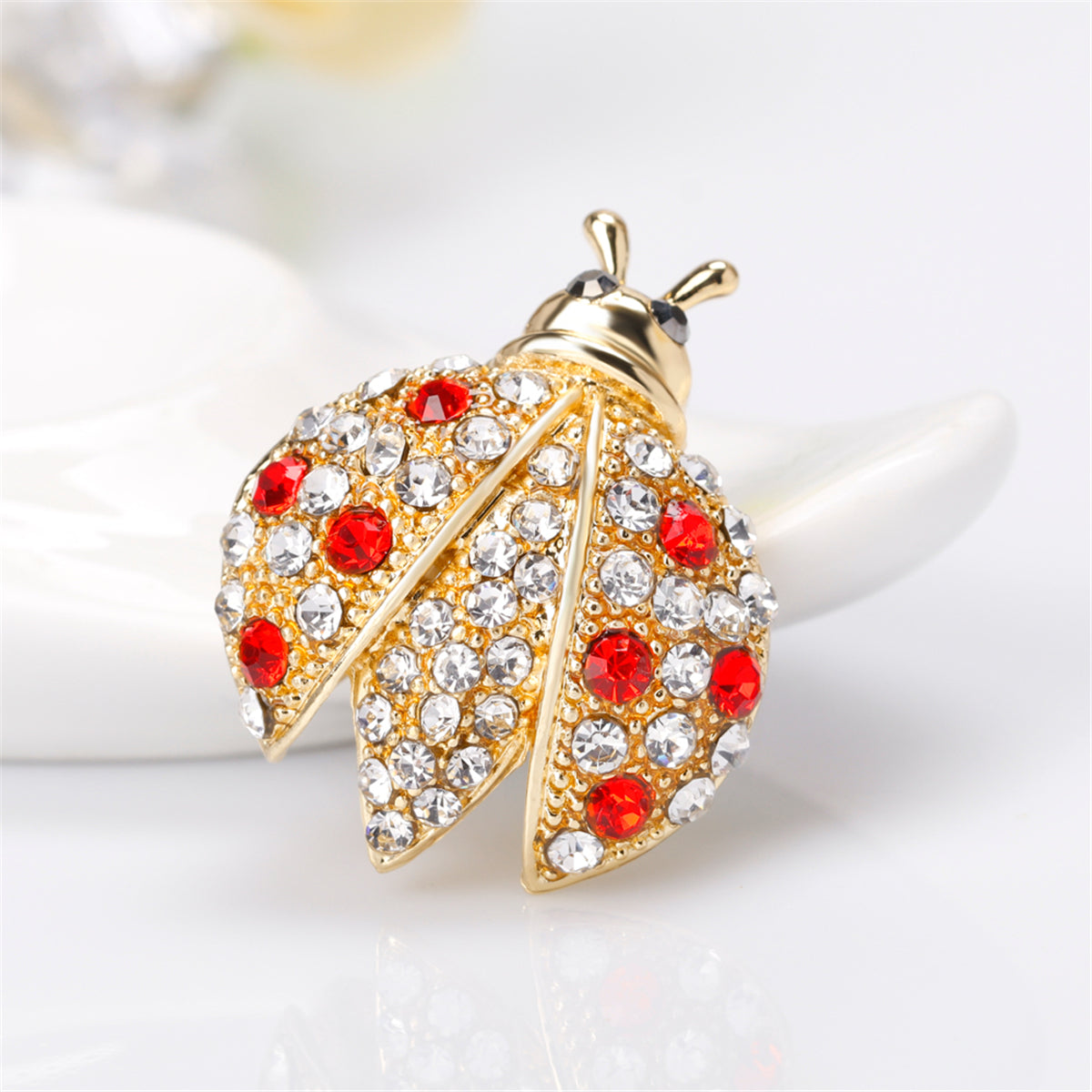 Cubic Zirconia & 18K Gold-Plated Ladybug Brooch