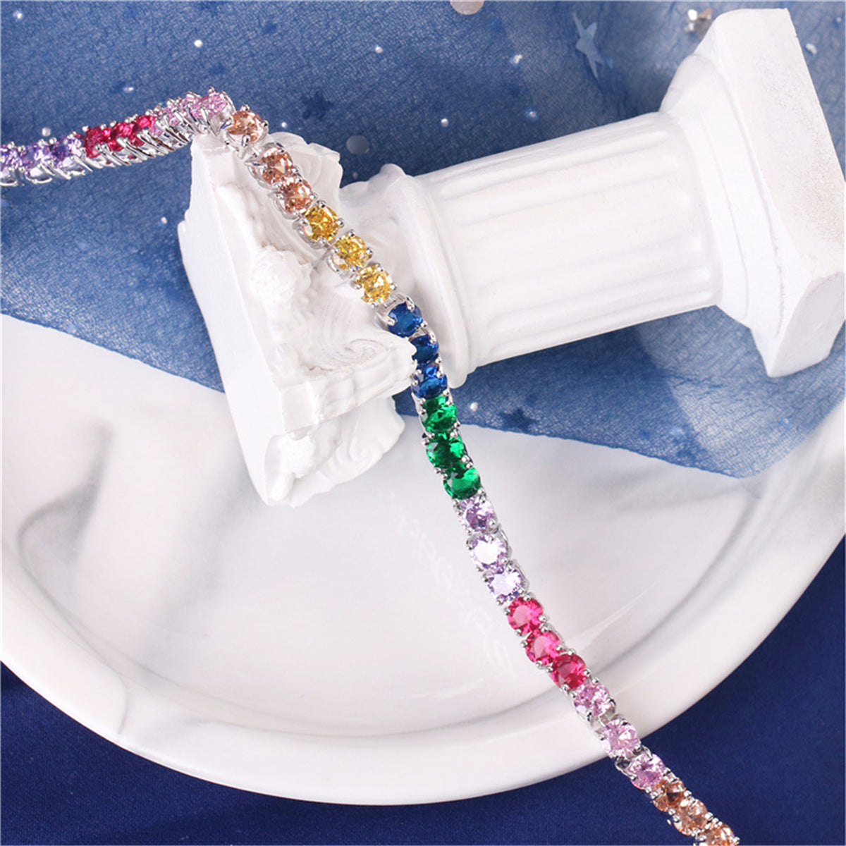 Pink and Purple Crystal Silver-Plated Tennis Bracelet, silver bracelet for women, vintage-inspired design, detail close-up