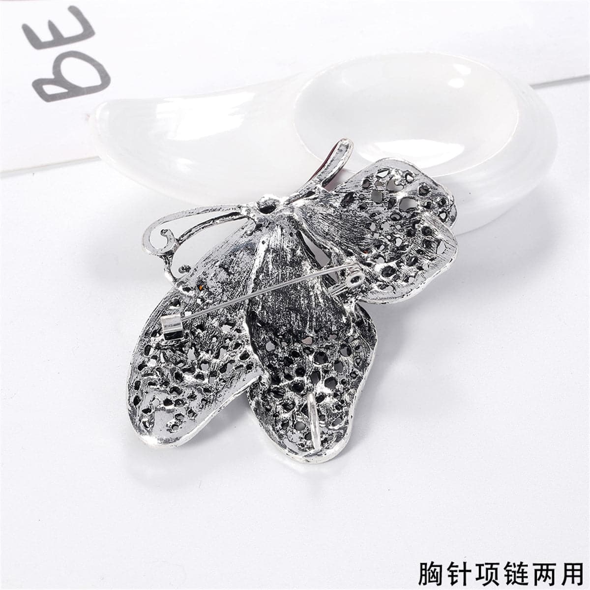 Red Cubic Zirconia and Silver-Plated Butterfly Brooch, silver brooch pin, everyday style, lifestyle look