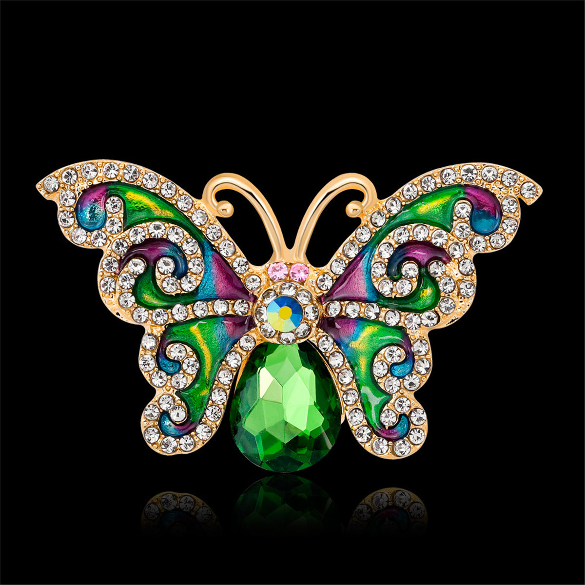 Green Crystal and Cubic Zirconia Butterfly Brooch, brooch pin, everyday style, detail close-up