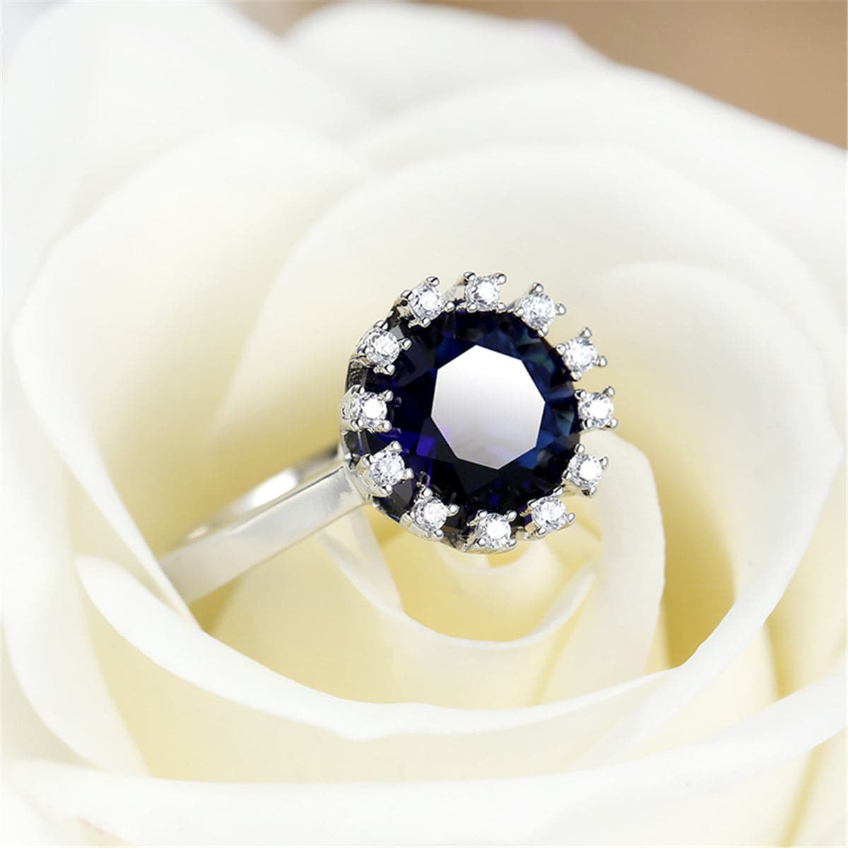 Navy Crystal & Cubic Zirconia Silver-Plated Halo Sunflower Ring