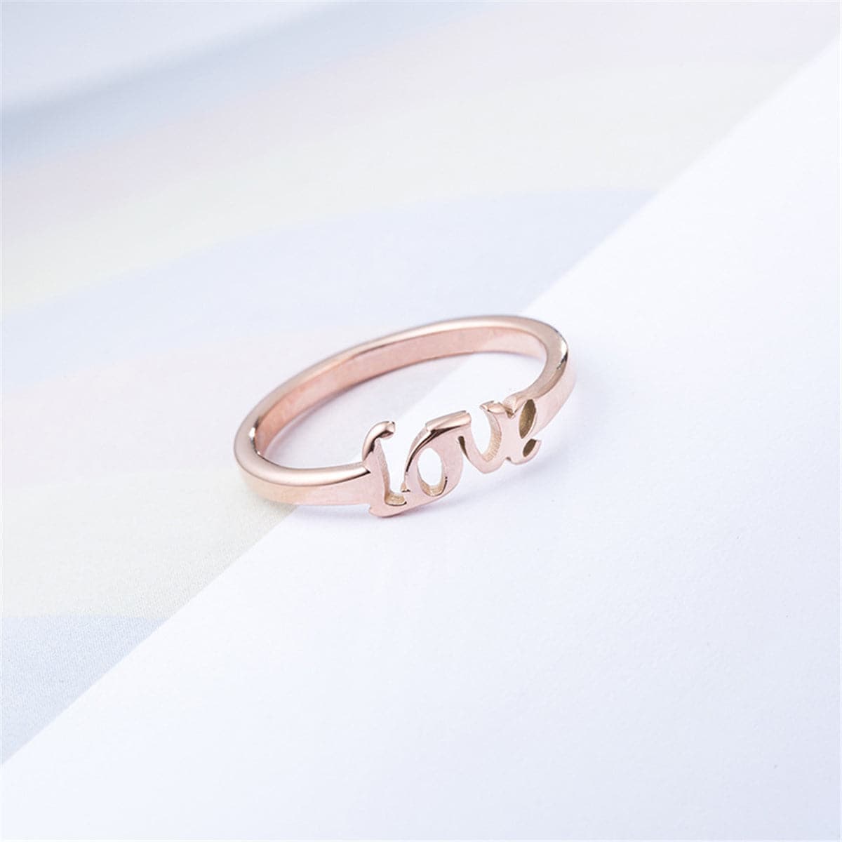 18K Rose Gold-Plated 'Love' Band, rose gold statement rings for women, vintage-inspired design, front view