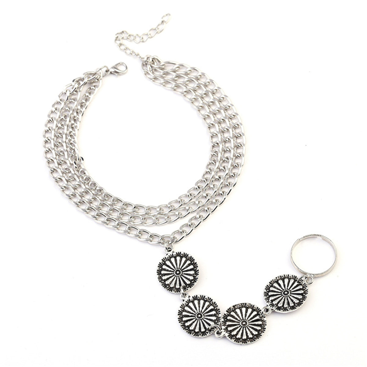 Silver-Plated Floral Four-Plate Anklet and Toe Ring Set, silver statement rings for women, detail close-up