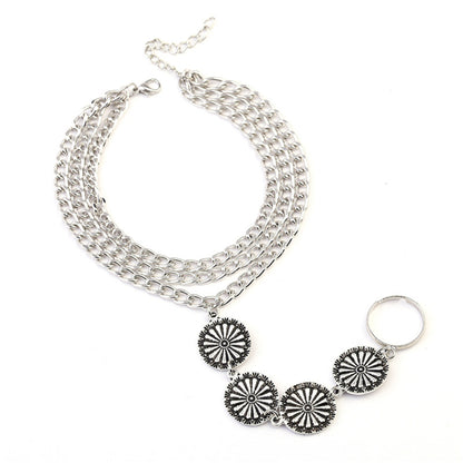 Silver-Plated Floral Four-Plate Anklet and Toe Ring Set, silver statement rings for women, detail close-up