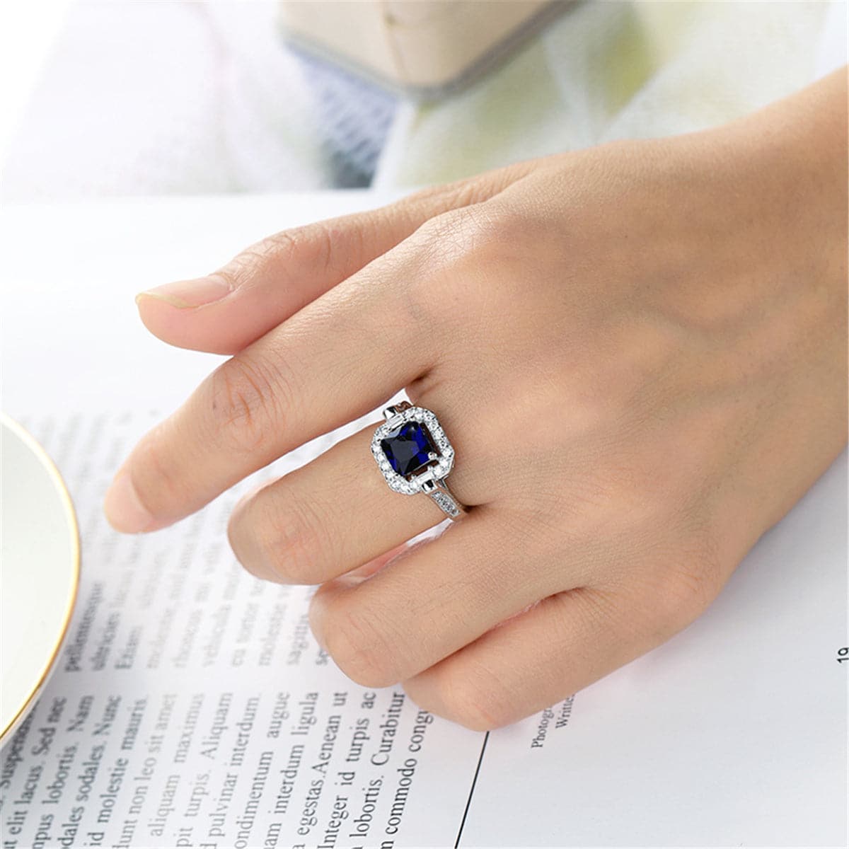 Navy Princess Crystal and Cubic Zirconia Square Halo Ring, statement rings for women, elegant gift for her, detail close-up