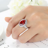 Red Crystal & Silver-Plated Oval Halo Ring
