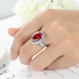 Red Crystal & Silver-Plated Oval Halo Ring