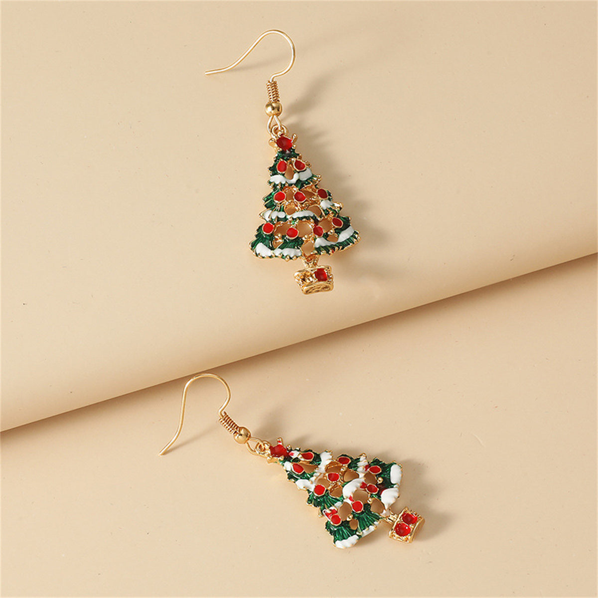 Red and Multicolor Enamel Christmas Tree Drop Earrings, drop earrings for women, vintage-inspired design, side view