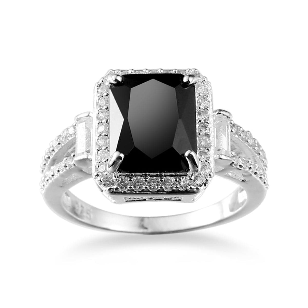 Black Crystal and Cubic Zirconia Halo Baguette Ring, statement rings for women, everyday style, detail close-up
