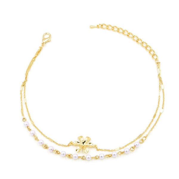 Imitation Pearl & 18k Gold-Plated Flower Beaded Layered Anklet
