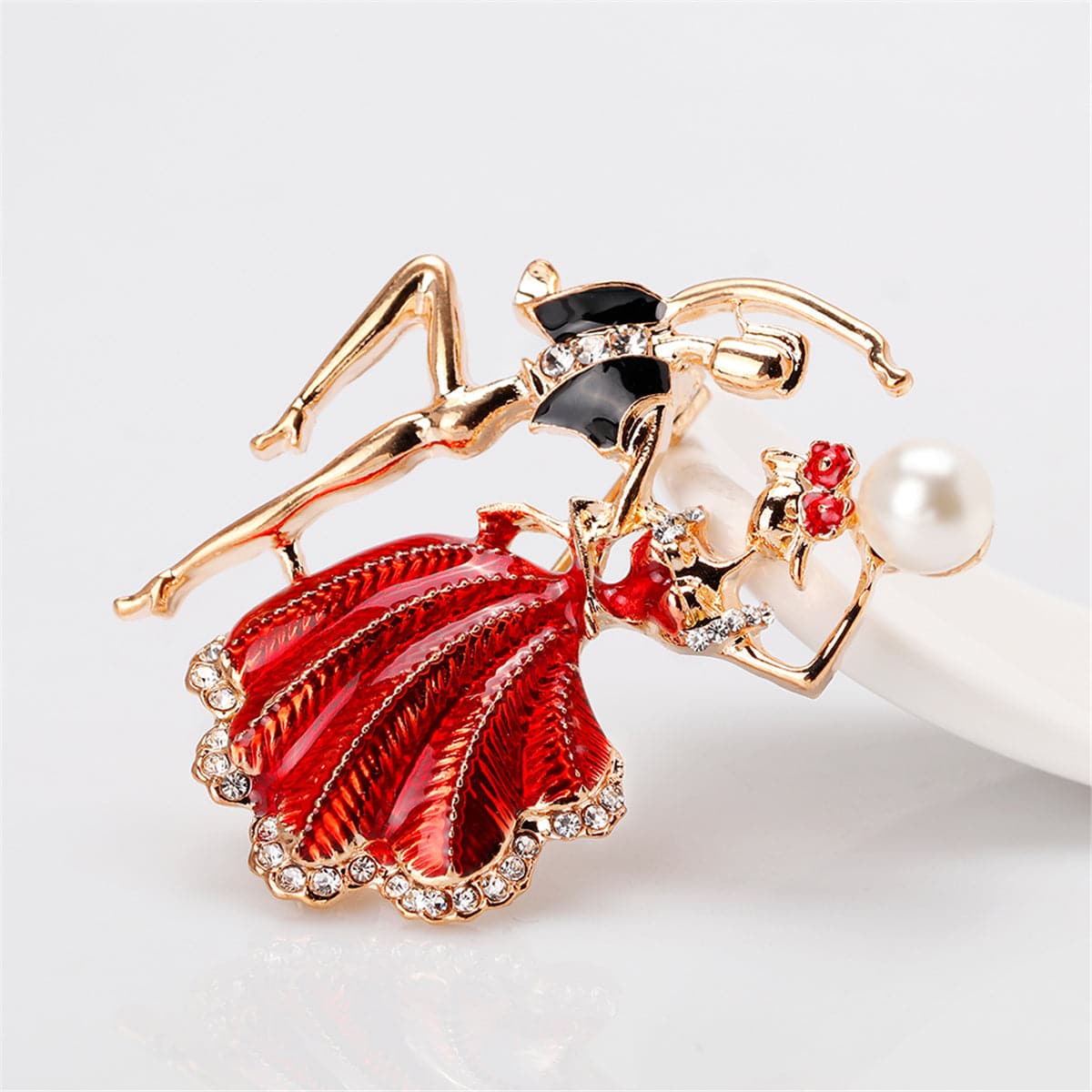 Red Enamel and Pearl 18K Gold-Plated Dancing Partner Brooch, gold brooch pin, dainty minimalist design, lifestyle look