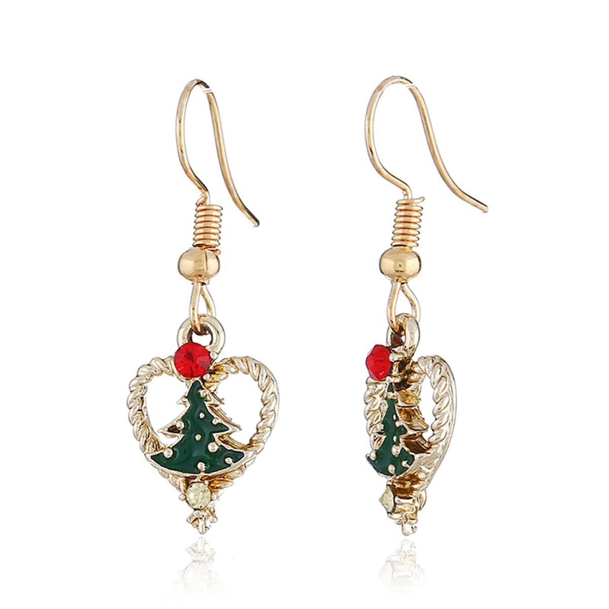 Red Cubic Zirconia and Green Enamel Openwork Heart Tree Drop Earrings, drop earrings for women, everyday style, side view