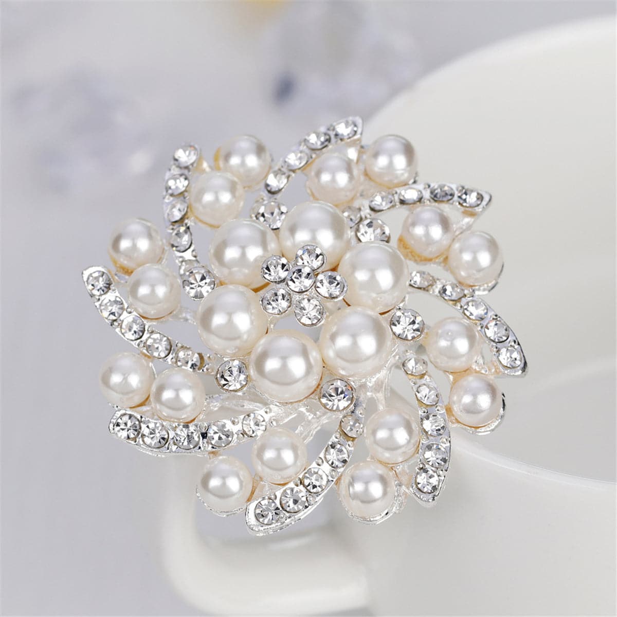 Pearl & Cubic Zirconia Silver-Plated Floral Brooch