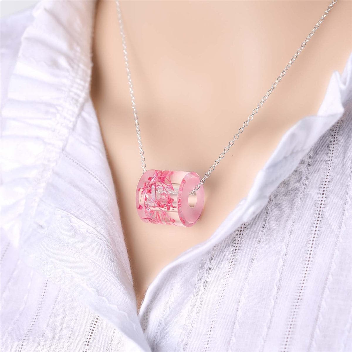 Pink Dried Flower & Silver-Plated Cylinder Pendant Necklace