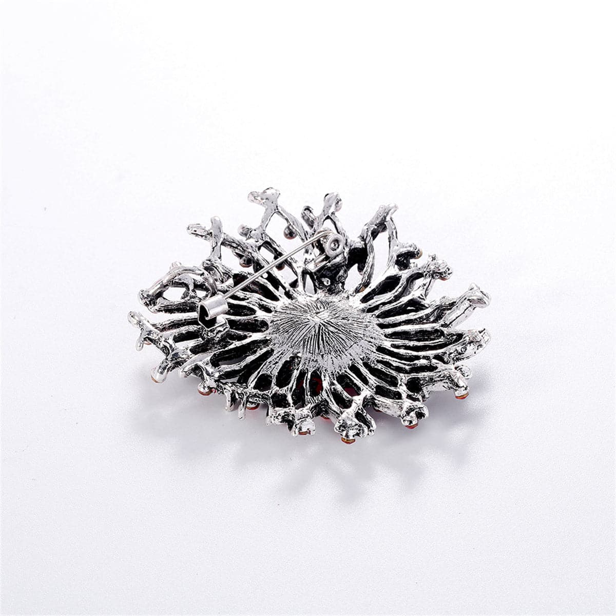 Red Cubic Zirconia and Silver-Plated Flower Brooch, silver brooch pin, everyday style, detail close-up