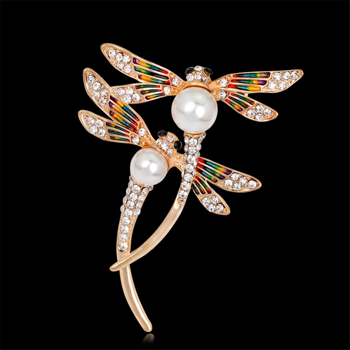 Pearl & Cubic Zirconia Enamel 18K Gold-Plated Double-Dragonfly Brooch