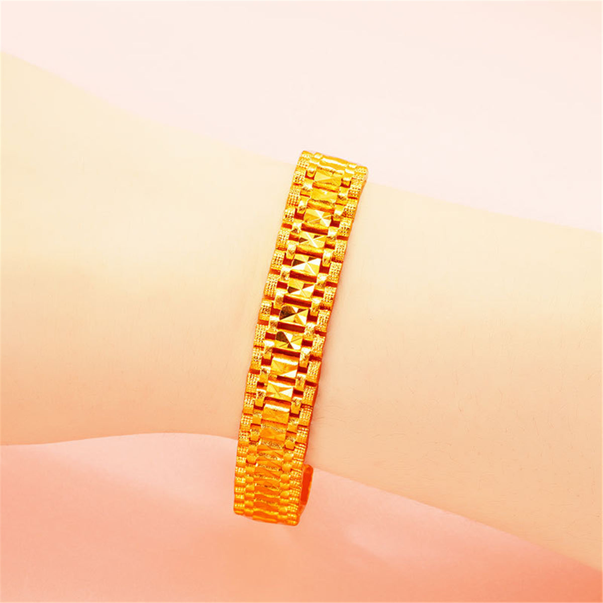 24K Gold-Plated Square Watch Bracelet, gold bracelet for women, botanical inspired, front view