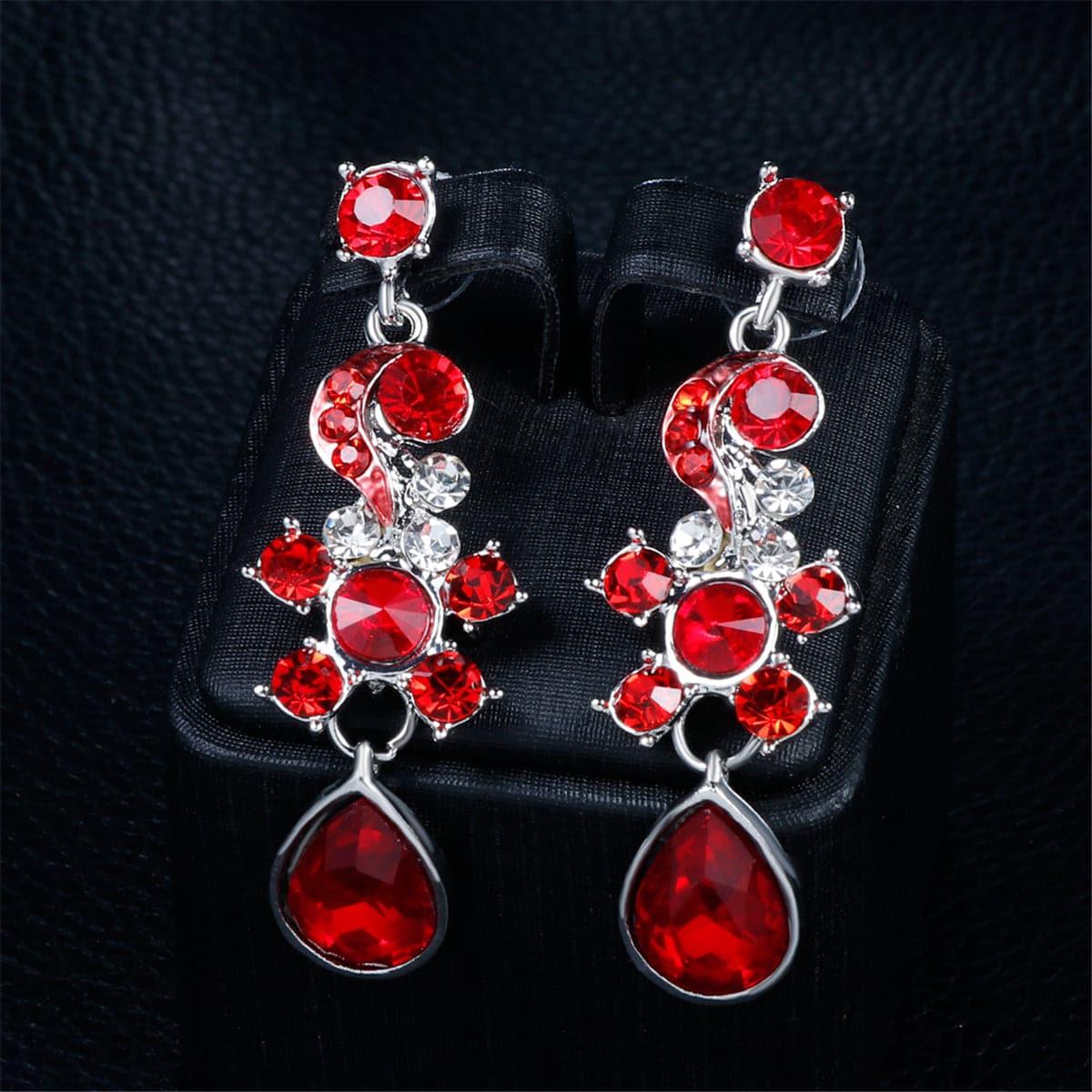 Red Crystal and Cubic Zirconia Flower Drop Earrings and Necklace Set, drop earrings for women, detail close-up