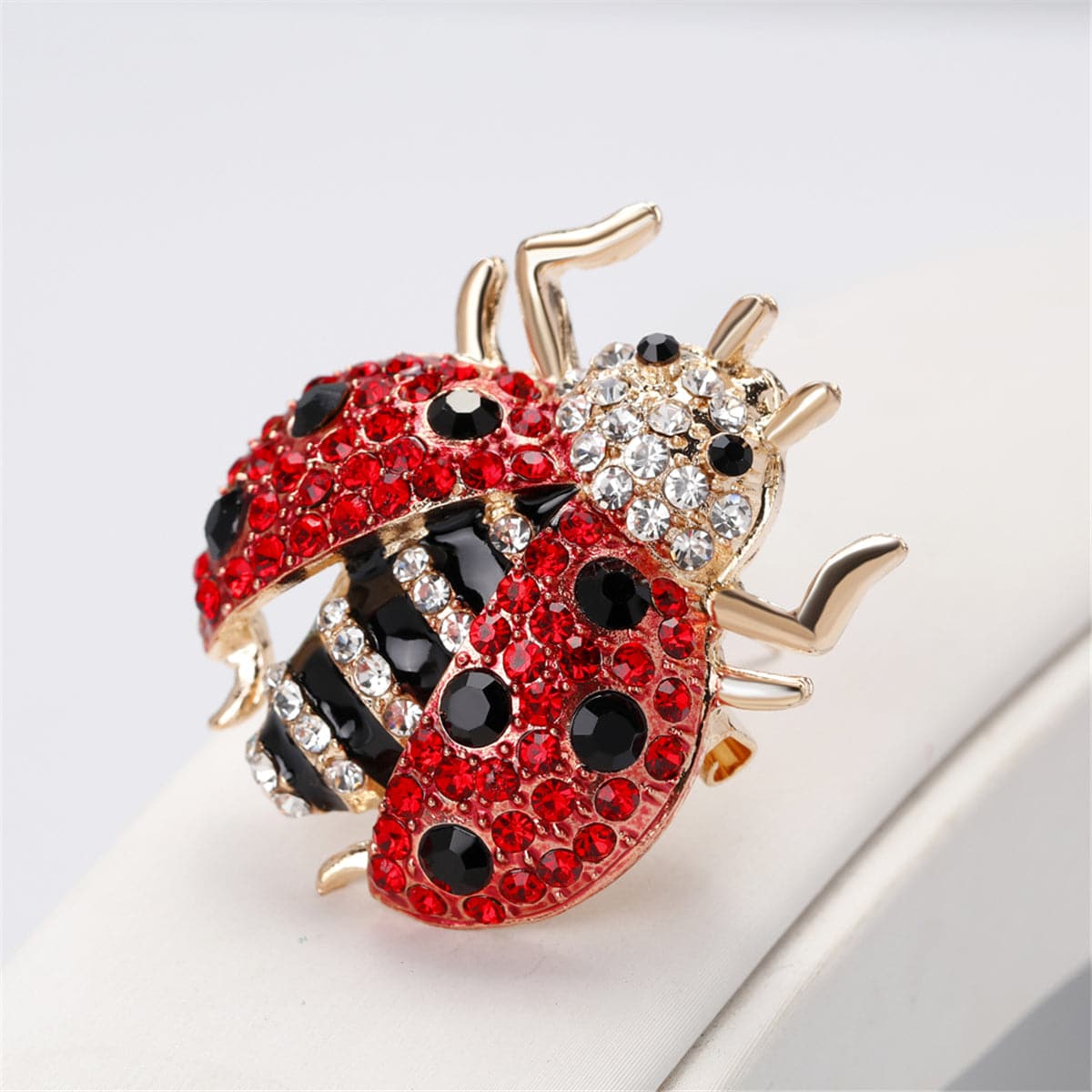 Red Cubic Zirconia & 18K Gold-Plated Ladybug Brooch