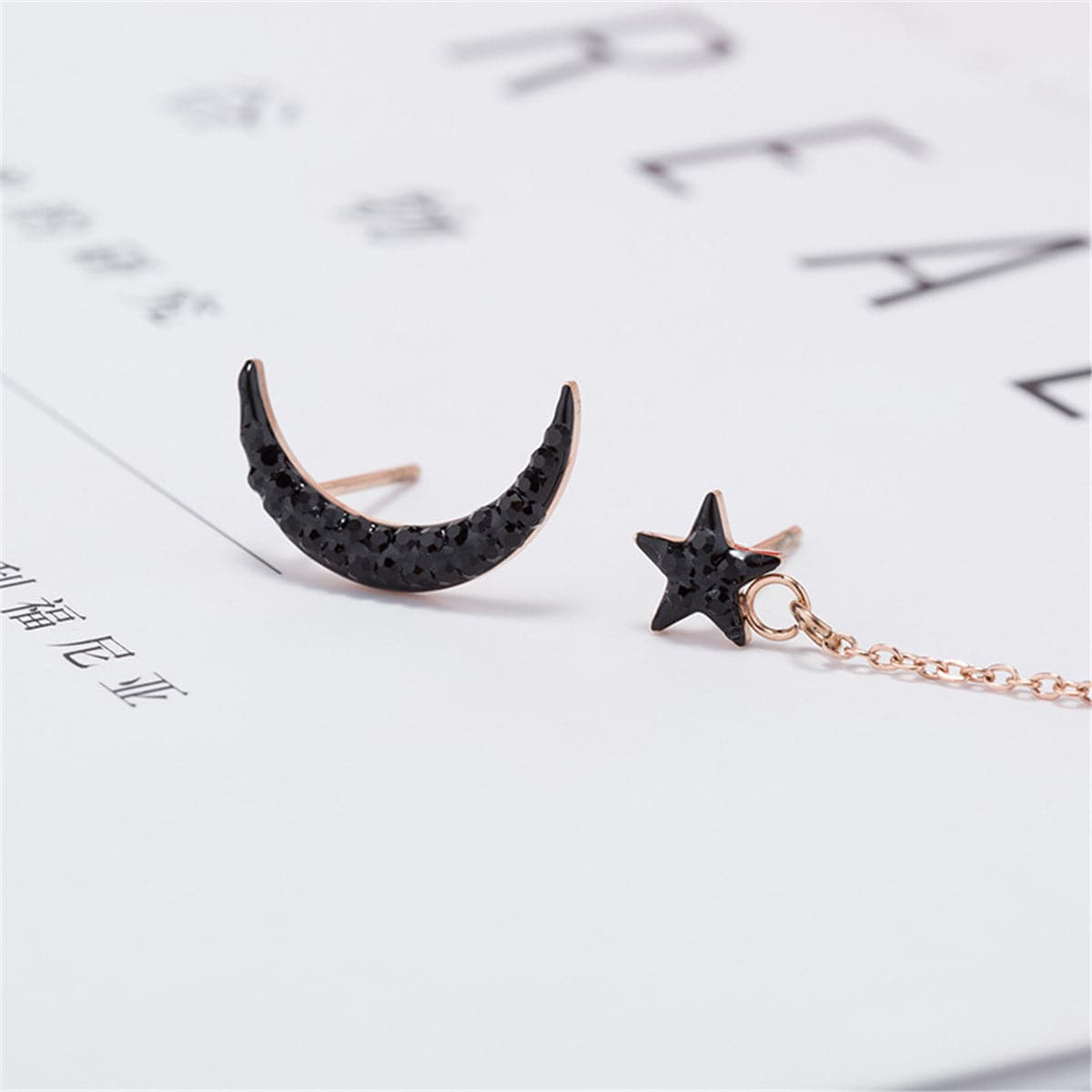 Black Cubic Zirconia & 18K Rose Gold-Plated Moon Stud & Drop Earrings