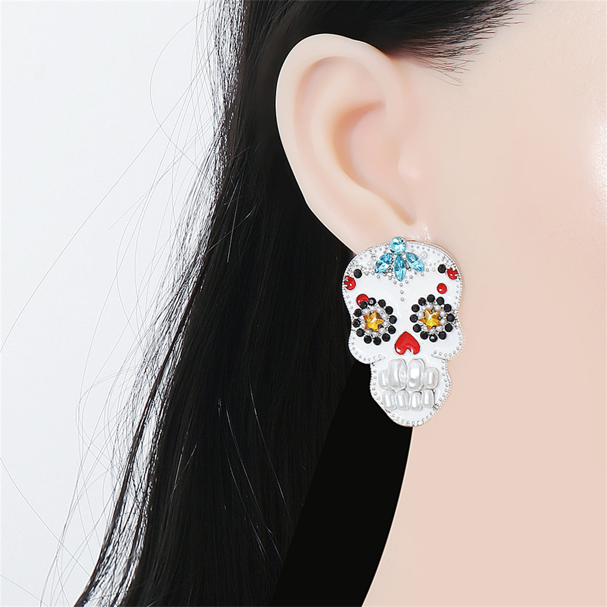 Blue Crystal & Pearl Silver-Plated Calavera Drop Earrings