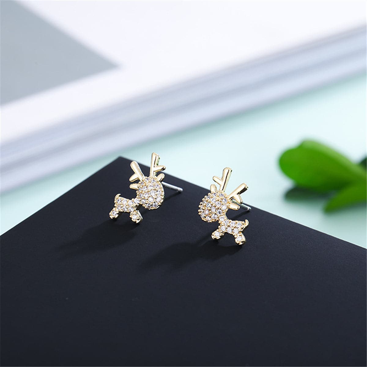 Cubic Zirconia & 18K Gold-Plated Reindeer Stud Earrings
