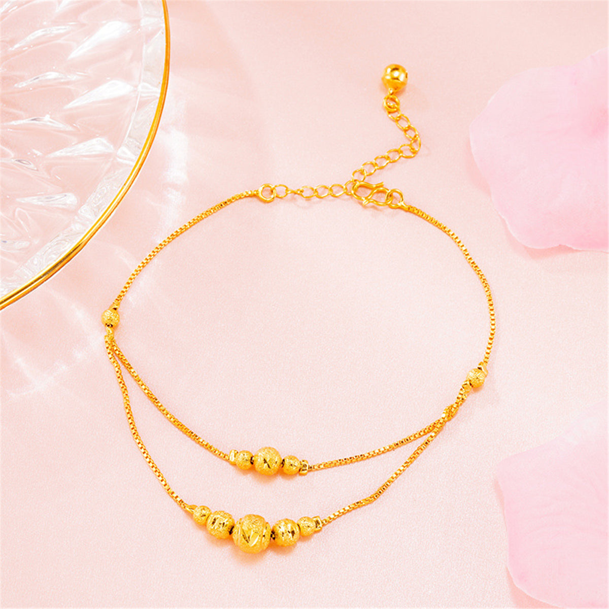 24K Gold-Plated Round Bead Layered Anklet