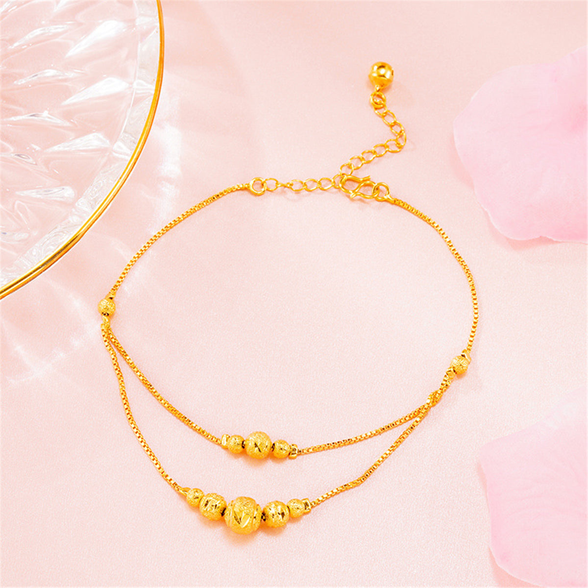 24K Gold-Plated Round Bead Layered Anklet, gold anklet bracelet, everyday style, side view