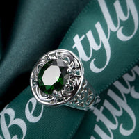 Green Crystal & Fine Silver-Plated Floral Ring