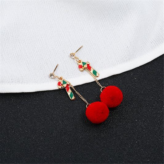 Cubic Zirconia and 18K Gold-Plated Candy Cane Pom-Pom Drop Earrings, gold drop earrings for women, front view