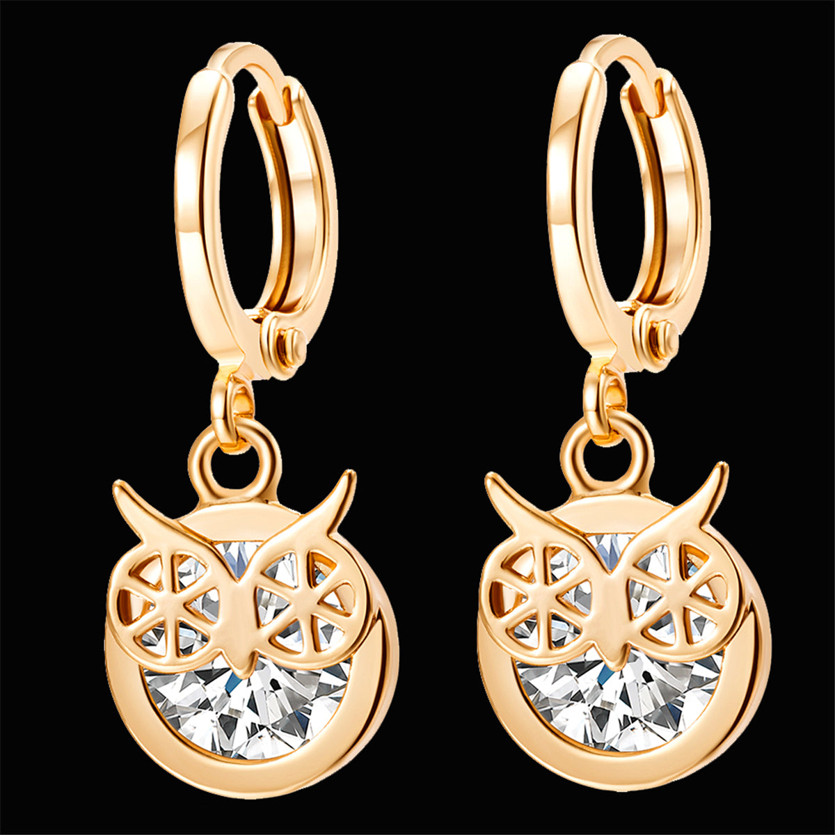 Cubic Zirconia & 18K Gold-Plated Owl Bezel Drop Earrings