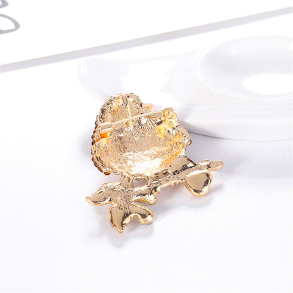 Red and Multicolor Cubic Zirconia and 18K Gold-Plated Bird Brooch, gold brooch pin, everyday style, lifestyle look