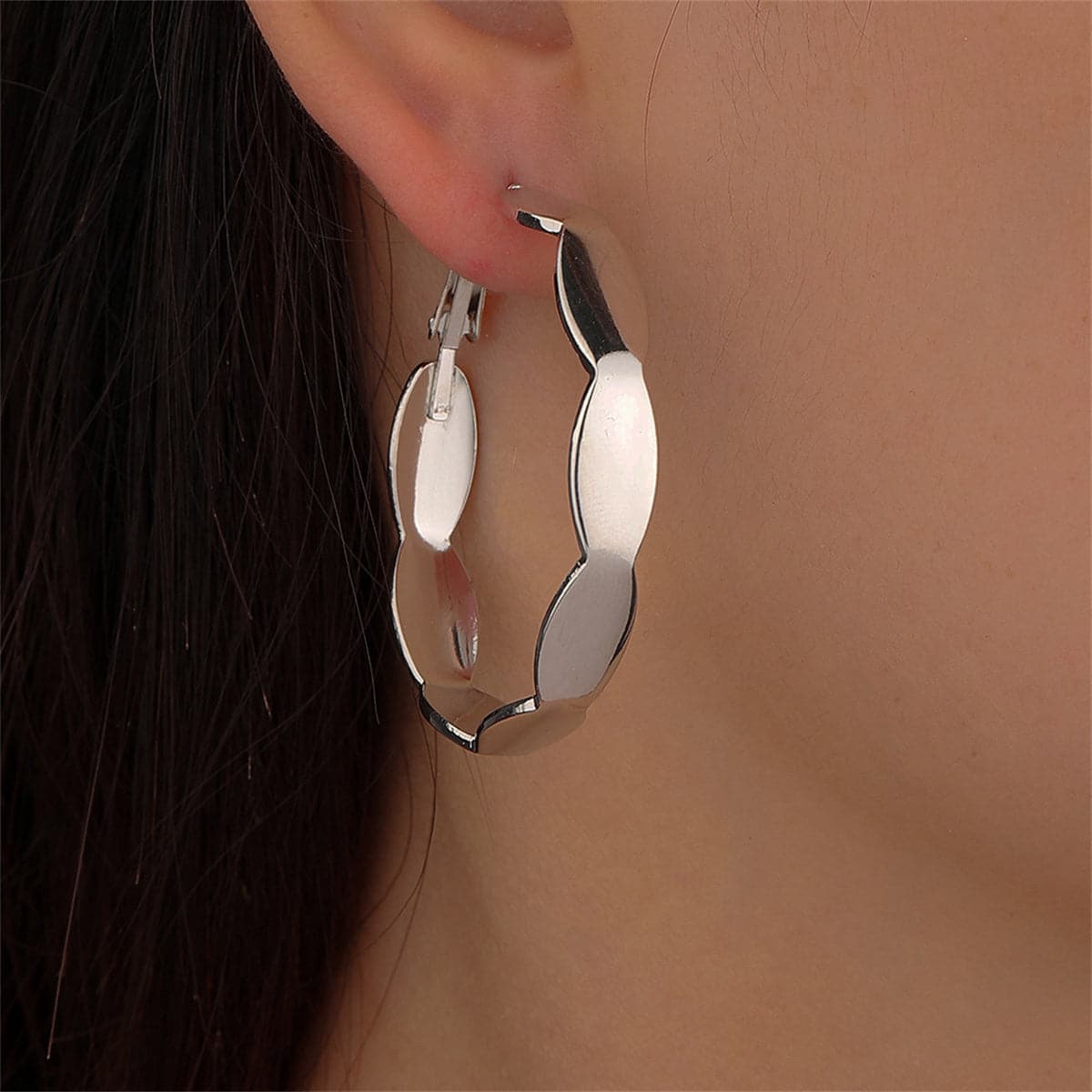 Silver-Plated Wave Hoop Earrings, dainty minimalist design, detail close-up
