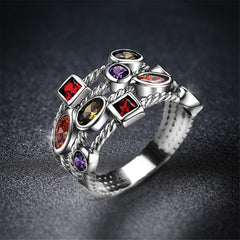 Multicolor Crystal & Silver-Plated Geometry Band Ring