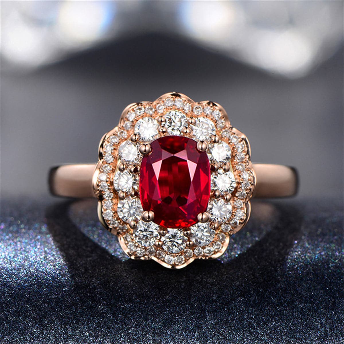 Red Crystal & Cubic Zirconia 18K Rose Gold-Plated Floral Oval Halo Ring