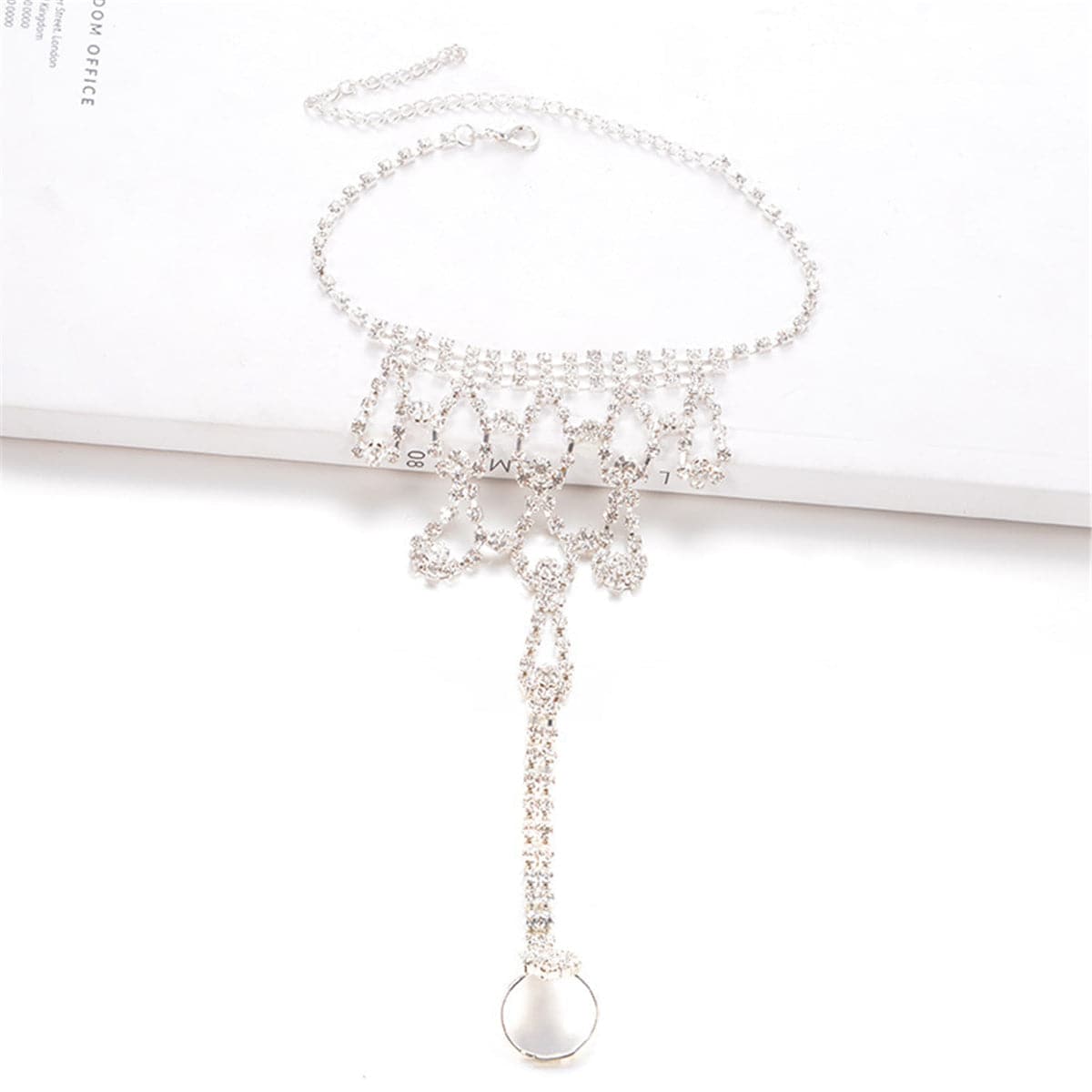 Cubic Zirconia and Silver Plated Ornate Ankle-To-Toe Ring Anklet, silver anklet bracelet, botanical inspired, detail close-up