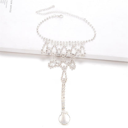 Cubic Zirconia and Silver Plated Ornate Ankle-To-Toe Ring Anklet, silver anklet bracelet, botanical inspired, detail close-up