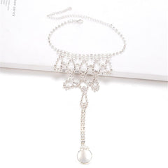 Cubic Zirconia & Silver Plated Ornate Ankle-To-Toe Ring Anklet