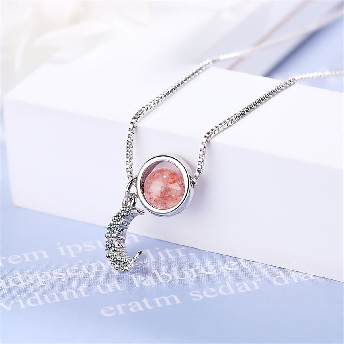 Strawberry Pink Crystal & Cubic Zirconia Star Ring Pendant Necklace